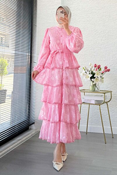 MELEK ARAZ Premium Design Layered Guipure Imported Tulle Dress – Pink