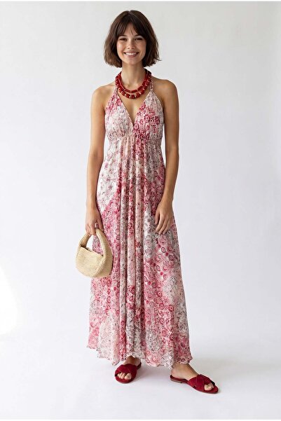 Mixray 2129 Women's Shawl Patterned Backless Bohemian Dress Pink