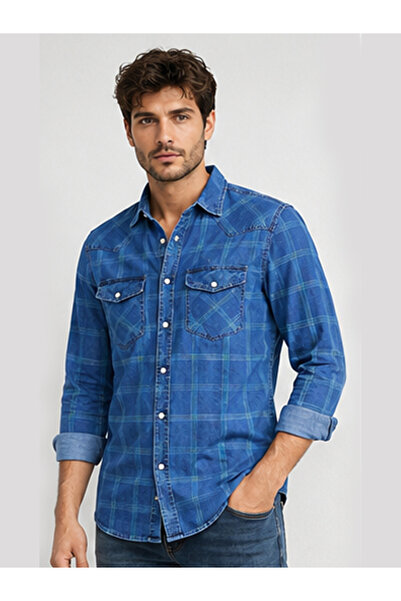 FSR FUSARO Erkek Denim Ekose Pamuklu Çıtçıt Düğmeli Slim Fit Uzun Kollu Gömlek