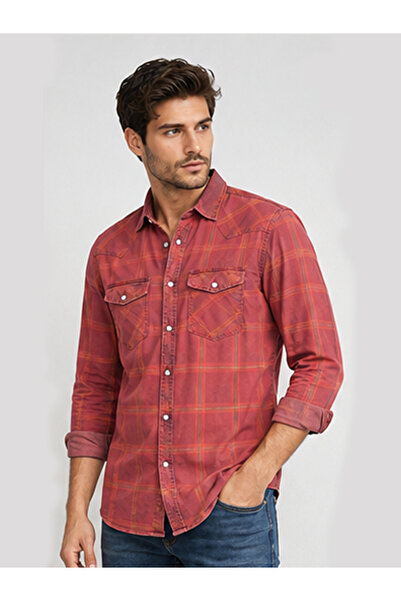 FSR FUSARO Erkek Denim Ekose Pamuklu Çıtçıt Düğmeli Slim Fit Uzun Kollu Gömlek