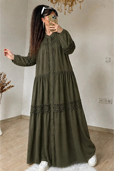 AZRA BUTİK Lavinya Patterned Guipure Dress Khaki