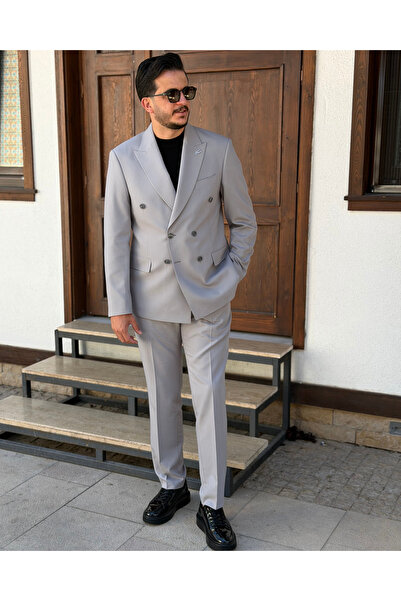 Avni Ceylan Men's Premium Gray Double-Breasted Suit – Modern Fit 6-Button Sty...