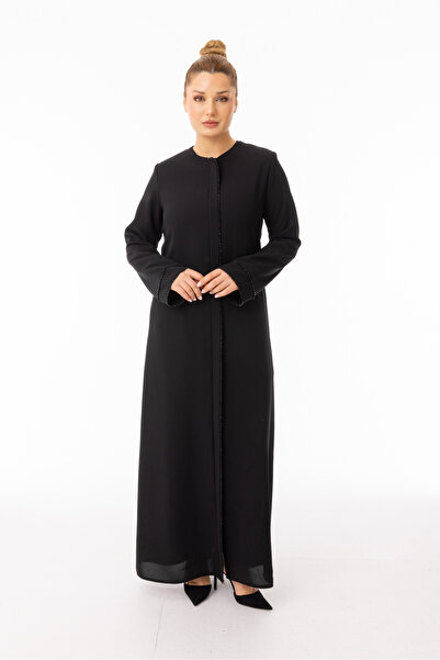 Zerenay Black Hijab Ferace - with Stone Detail on the Chest and Sleeves 5618-26