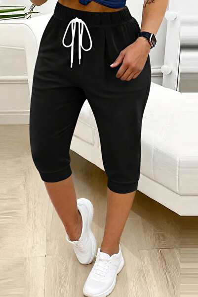 Tarz Cool Women's Black Capri Sweatpants with White Laces, 100% Cotton, 2 Thr...