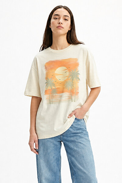 EFFRENATU Women's T-Shirt Cream Sunset Palm Print Oversized