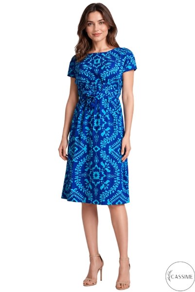 Cassime Cobalt Blue Turquoise Ethnic Patterned Waist Tie Midi Dress Belted Cotton Viscose Low Sleeve