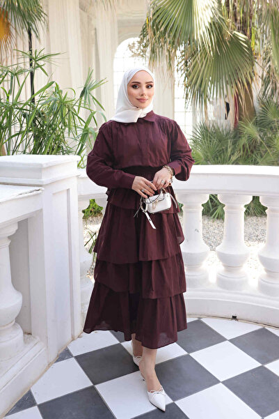 İmajButik Bordo Eteği Katlı Gömlekli İkili Takım
