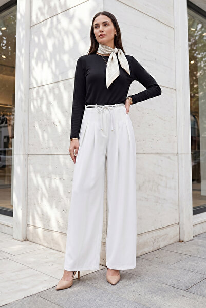 MODAQU Lace-Up Waist Detailed Pleated Loose Crepe Trousers White