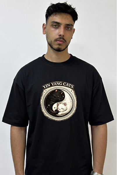 Anetos Μαύρο μπλουζάκι με σχέδιο Yin Yang Cats, με στάμπα και σε μεγάλο μέγεθος