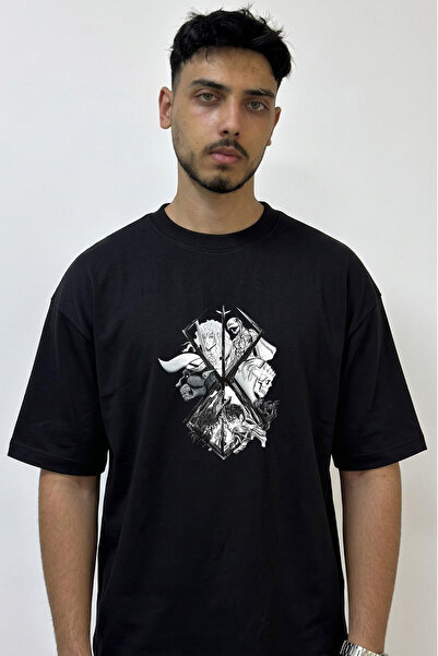 Anetos Berserk Guts Griffith Design Printed Oversize Black T-Shirt
