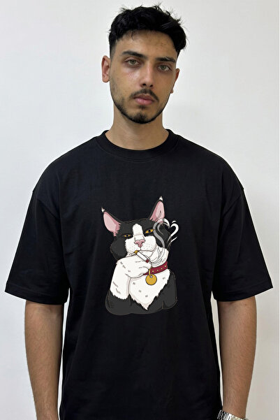 Anetos Smoking Cat Design Printed Oversize Black T-Shirt