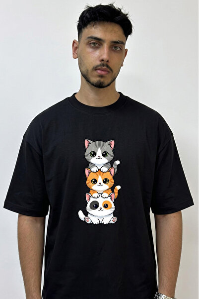 Anetos Μαύρο μπλουζάκι με σχέδιο Kawaii Cats με στάμπα