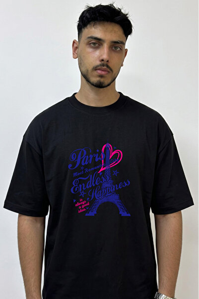 Anetos Paris Eiffel Tower Design Printed Oversize Black T-Shirt