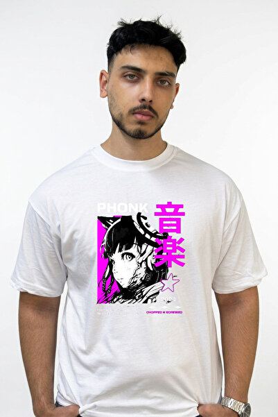 Anetos Phonk Anime Design Printed Oversize White T-Shirt