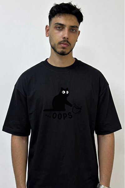 Anetos Cat Oops Design Printed Oversize Black T-Shirt