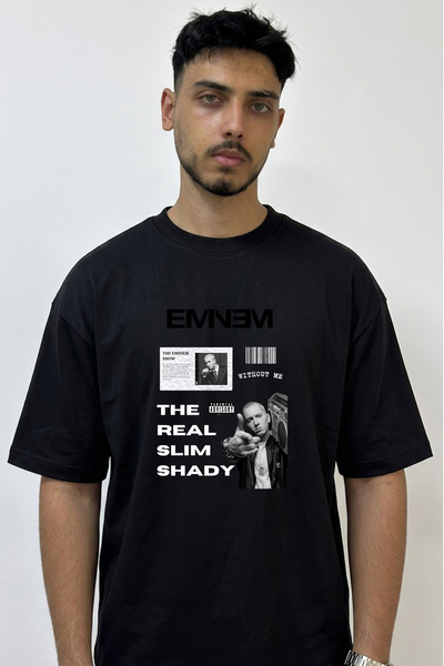 Anetos Eminem Rapper Design Printed Oversize Black T-Shirt