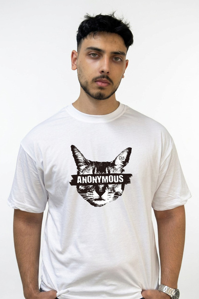 Anetos Anonymous Cat Design Printed Oversize White T-Shirt