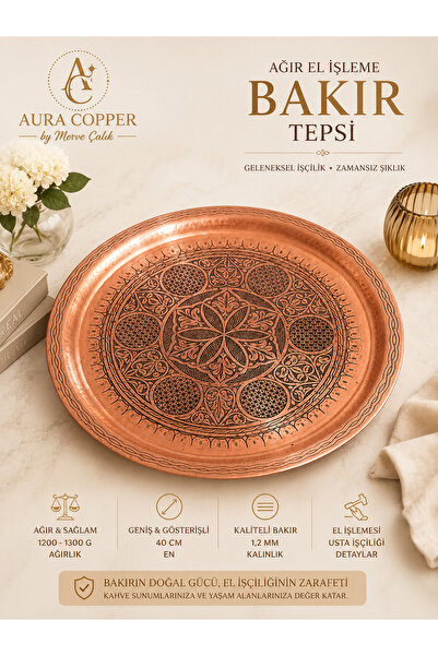 AURA COPPER Ağır El İşlemesi Bakır Tepsi 40 cm – Dövme Bakır Sunum Tepsisi, D...