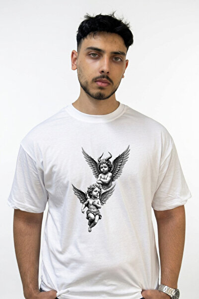 Anetos Cherub Demon Design Printed Oversize White T-Shirt
