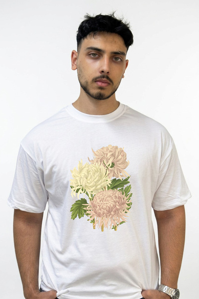 Anetos Chrysanthemum Design Printed Oversize White T-Shirt