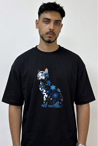 Anetos Floral Cat Design Printed Oversize Black T-Shirt