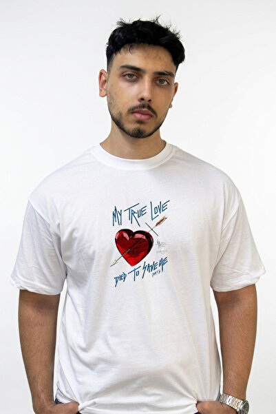 Anetos Kurban Ask Design Printed Oversize White T-Shirt