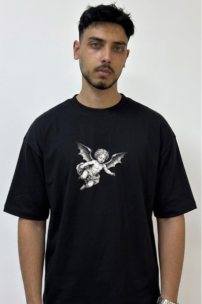 Anetos Demonic Cherub Design Printed Oversize Black T-Shirt