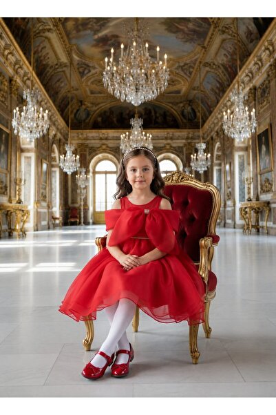 Tarz Çocuk Red Girl's Birthday and Event Dress with Big Bow Detail 1-5 Years Old