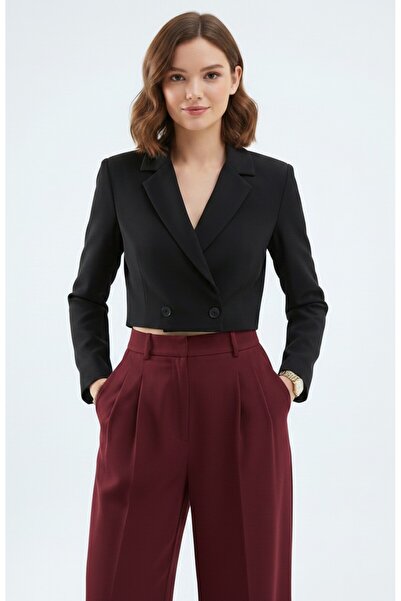 Lacays Siyah Crop Blazer Ceket Kruvaze Yaka Şık Kadın Ceket