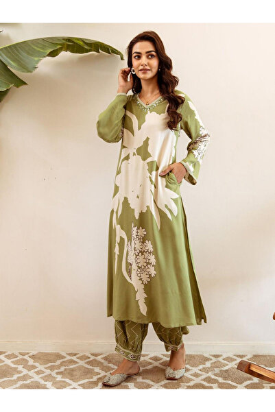 Ishin By Styli Green 100% Cotton Printed Straight Fit Kurta Set
