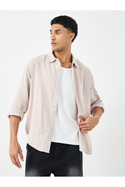Styli Men Beige Textured Relaxed Fit Shirt