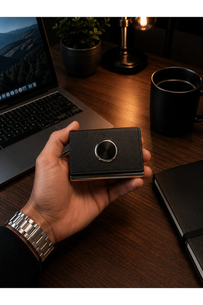 Bk Gift Black Leather Look Metal Business Card Holder with Mechanism, Stylish...