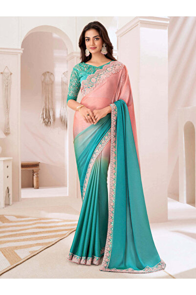 PRASHA Women's Pure Chiffon Peach Embellished Designer Saree With Blouse Piece