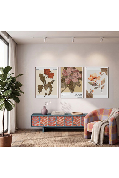 KOLAJTASARIM Set de 3 tablouri cu flori botanice retro, înrămate alb, pictură...