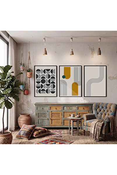 KOLAJTASARIM Set de 3 tablouri abstracte geometrice galbene și turcoaz, înrăm...
