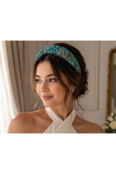 ZS Aksesuar Premium Natural Stone Hair Crown with Turquoise Crystal Detail, T...