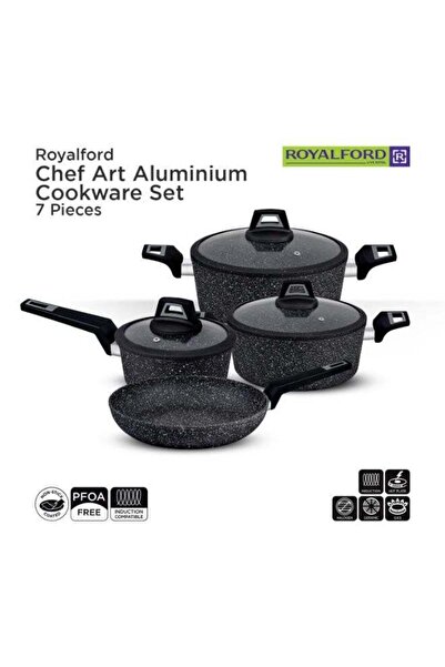 ROYALFORD 7 Pieces Black Chefart Aluminium Cookware Set Granite Coated Induct...