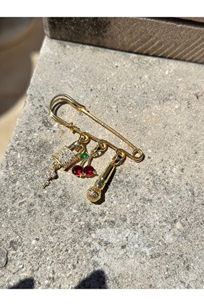 lotusbybuket Özel tasarım çelik gold charmlı çengelli iğne broş