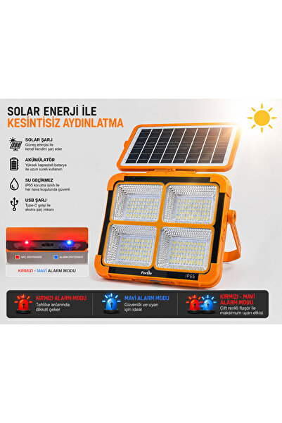 GenelTedarik 200W Solar LED Projektör I Şarjlı Kamp Lambası I Kırmızı-Mavi Al...