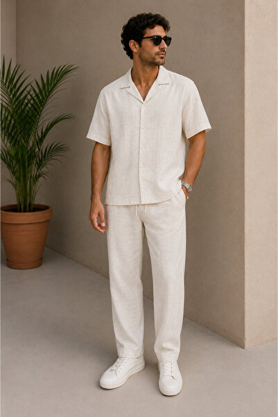 mavisima erkek giyimi Men's Ecru Linen Shirt and Trousers Set Oversize Comfor...