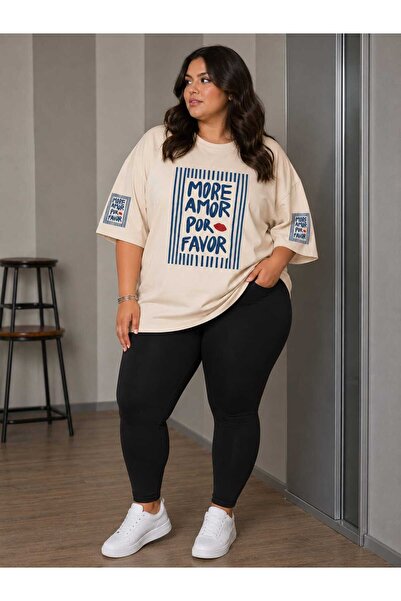 ZAVIXO Büyük Beden Kadın Oversize More Amor Baskılı Basic Tişört Bisiklet Yak...
