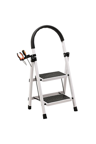 Lawazim Pro7 2-Step Aluminum Folding Ladder 95.5x46cm with Tool Holder 120kg ...