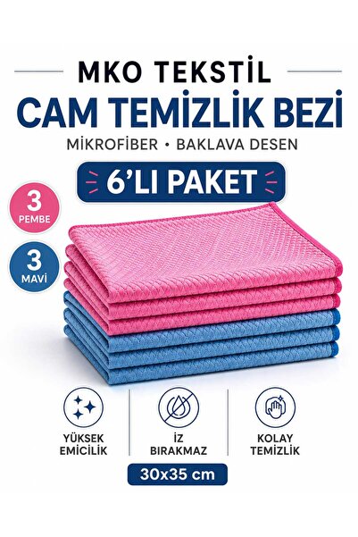MKO TEKSTİL BAKLAVA DESEN MİKROFİBER CAM BEZİ 6'LI PAKET