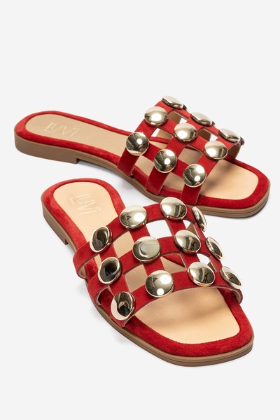 LuviShoes شبشب نسائي من BAREON مصنوع من الجلد الطبيعي باللون الأحمر مع مشبك ذهبي