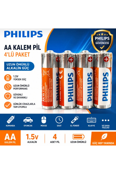 Philips AA 1.5V 4’lü Paket Kalem Pil - Uzun Ömürlü Alkalin Güç 4 Adet Pil
