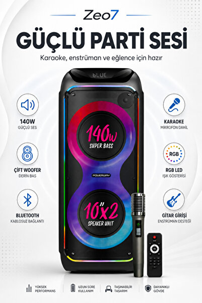 Zeo7 140W Çift 10 İnç Woofer Karaoke Hoparlör, Bluetooth 5.0, RGB LED, Gitar ...
