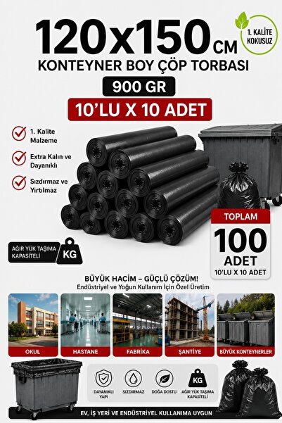 New City 120x150 cm 240 Litre Konteyner Boy Çöp Torbası 100 Adet Siyah Dayanı...