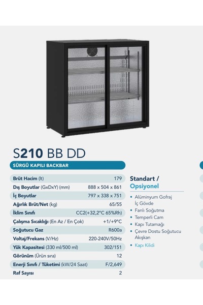 Şenocak S210-S220 DD Çift Kapı Sürgü Camlı Tezgah Altı Bar Dolabı Back Bar