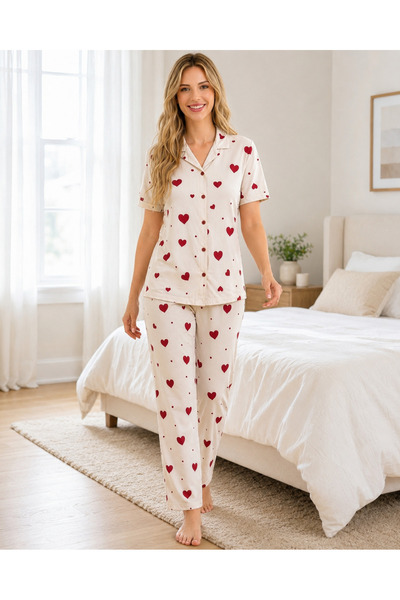 Alperi Women's Summer Viscose Heart Patterned Buttoned Pajama Set |   Stylish...