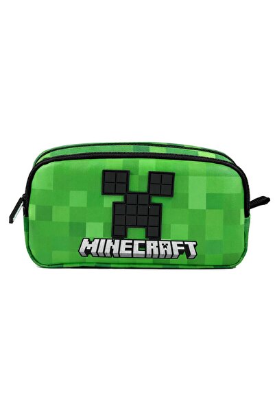 MINECRAFT Two-Compartment Boy's Embossed Black - Green School Pencil Bag/Penc...